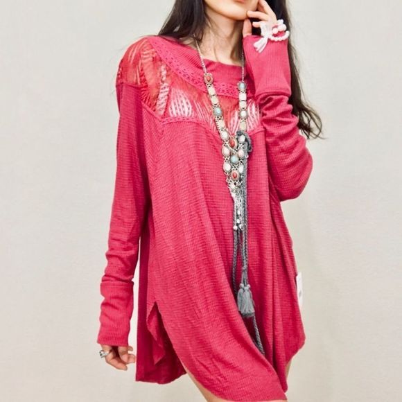 Free People Red Lacey Mock Neck Tunic - Picture 4 of 7